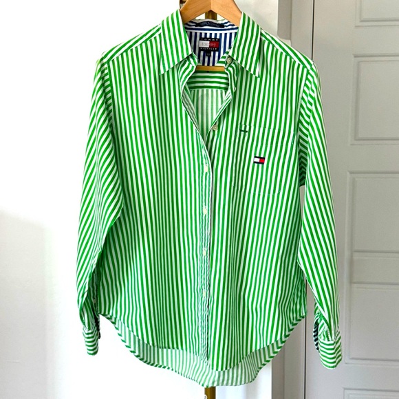 TOMMY HILFIGER Tops - Women's Green White Oxford‎ Long Sleeve Striped Button Down Preppy Shirt Size 10